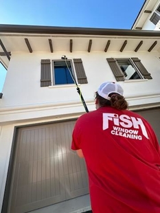 window cleaner cleaning windows of a house with a pole