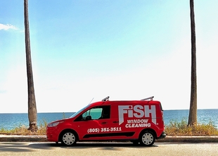 red fish window cleaning van in between two palm trees by the ocean
