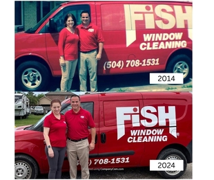 owners laurie and john reinagel in posing in front of a red fish window cleaning van in 2014 and in 2024