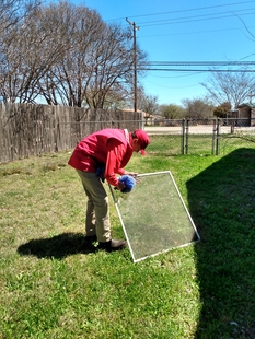 window cleaner cleaning a window screen