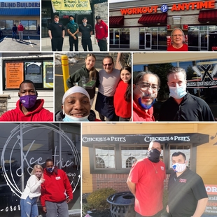 Collage of 8 Photos of Fish Window Cleaning Employees at Local Businesses and with Business Owners