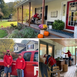 Collage of 3 Photos - Cleaner Cleaning Windows on Front Porch, 2 Cleaners by Branded Truck, 2 Cleaners Cleaning Windows on Front Porch