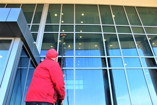 Fish Window Cleaner Using Water-Fed Pole to Clean Wall of Glass