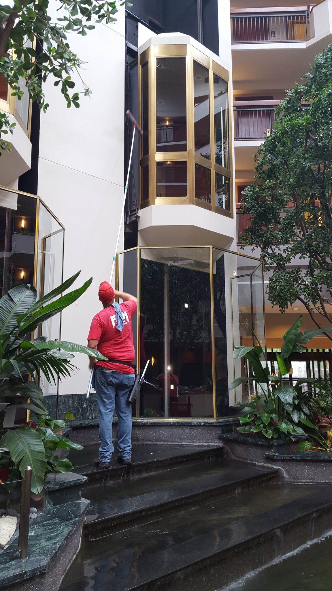 Image of FISH Window Cleaner Cleaning Elevator Glass with a Pole