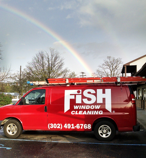 Fish Window Cleaning Branded Van with Rainbow in Background