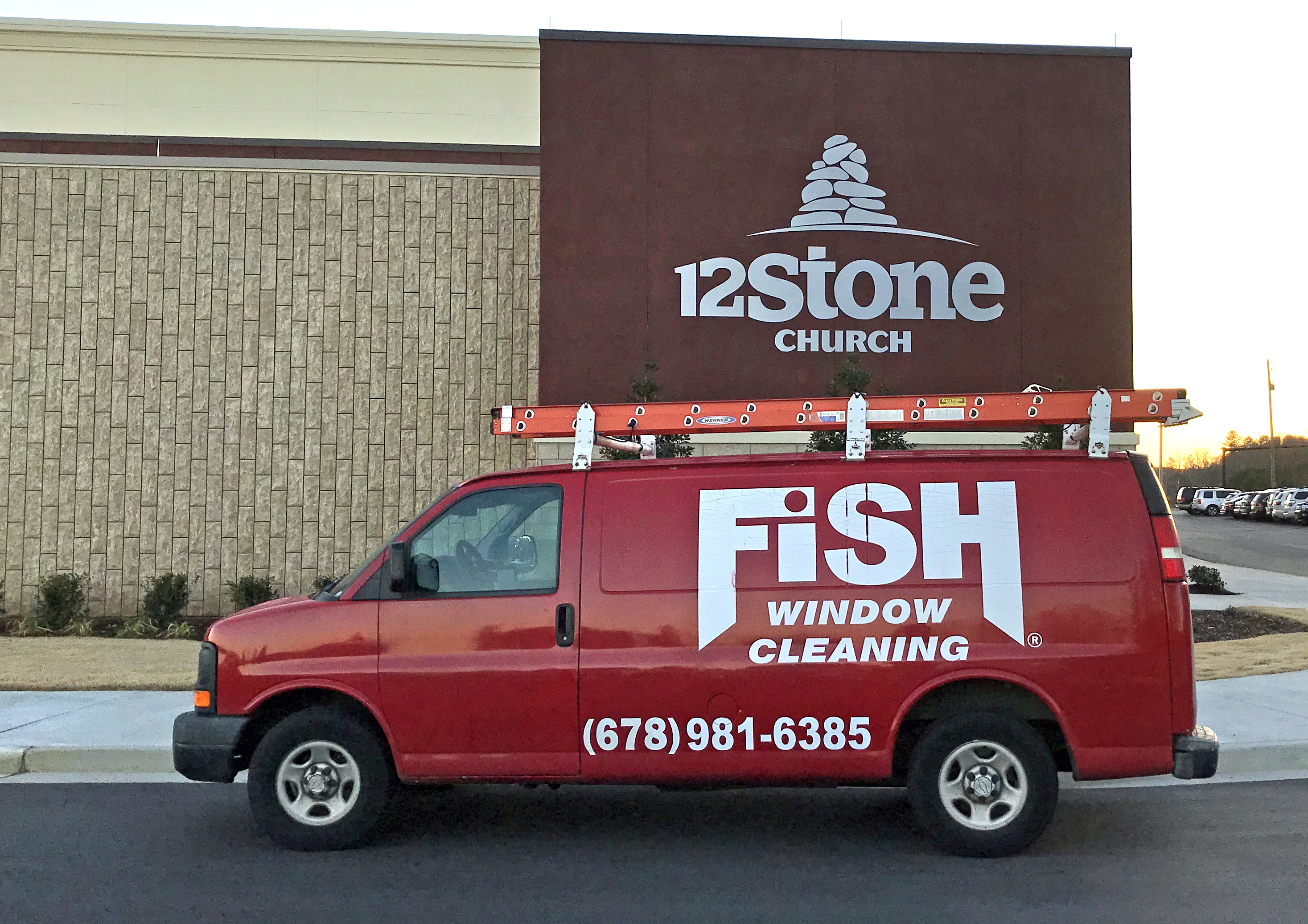 Image of Fish Window Cleaning Van in Front of 12Stone Church