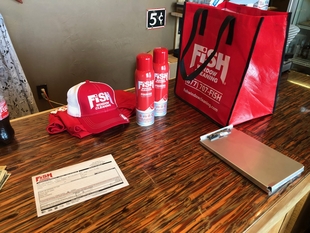 Fish Window Cleaning Hats, Glass Cleaner, and Tote Bags