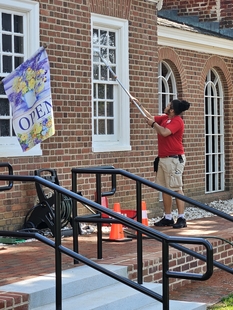 cleaning windows of building