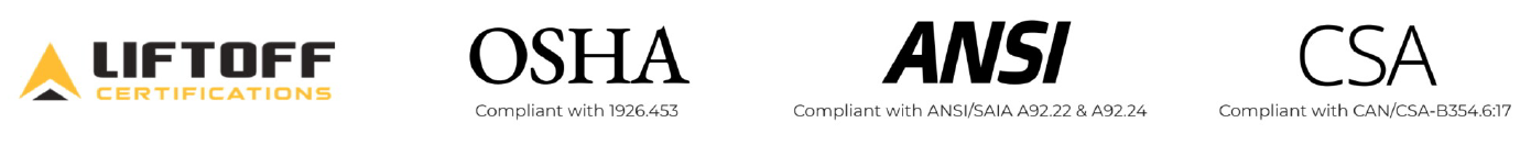 Logos of LIFTOFF CERTIFICATIONS, OSHA, ANSI AND CSA