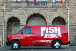 Fish Window Cleaning Branded Van in Front of Stone Wall