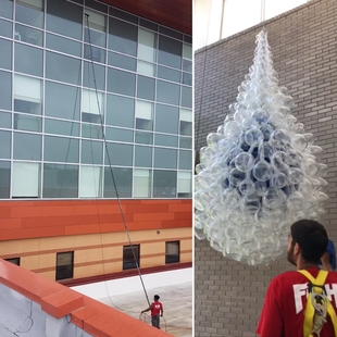 Cleaning 5-Story Building with a Water-Fed Pole and Cleaning a Chandelier Made of Glass Beakers