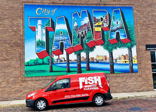 red fish window cleaning van parked in front of wall that says "city of tampa"