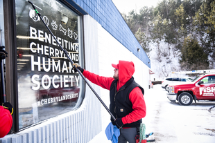 FISH Window Cleaner Using Squeegee on Pole to Clean Cherryland Humane Society Window