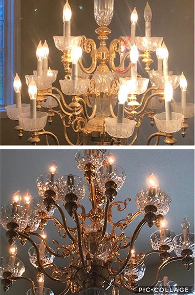 A chandelier before and after cleaning.