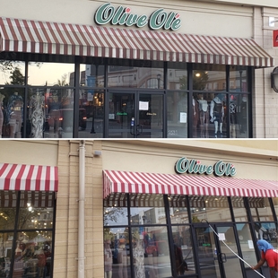 Before & After Collage of Dirty and Clean Red and White Striped Storefront Awning